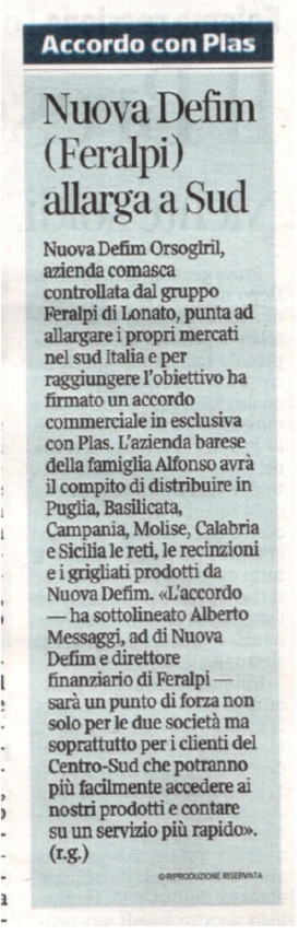 Nuova Defim (Feralpi) allarga a sud