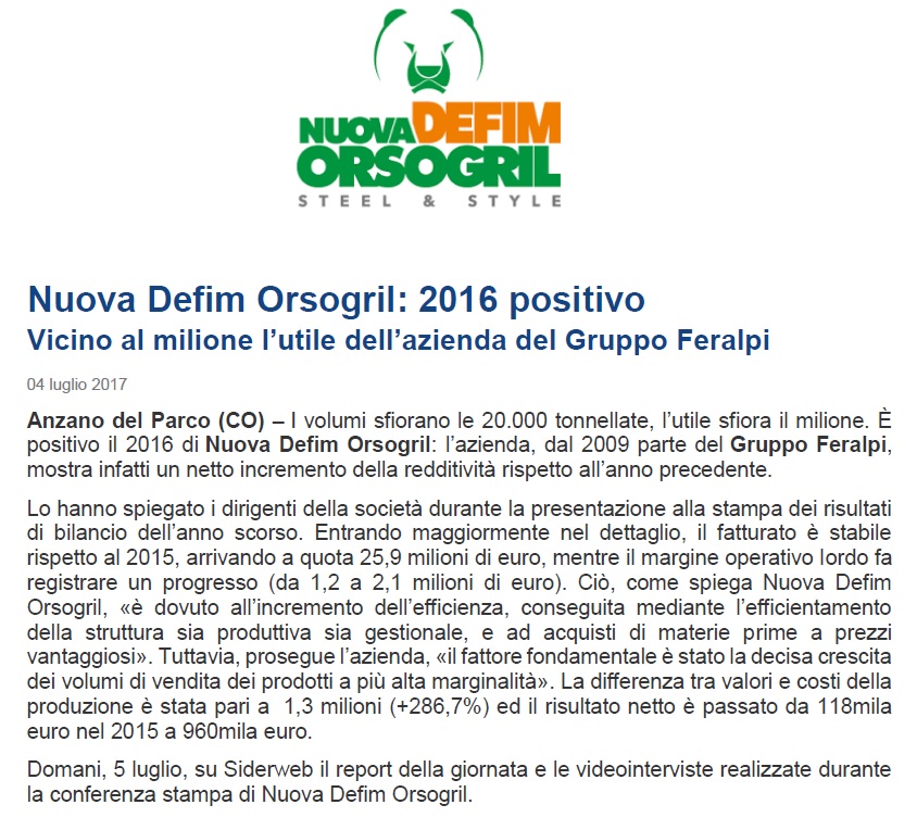 Nuova Defim Orsogril bilancio 2016 positivo